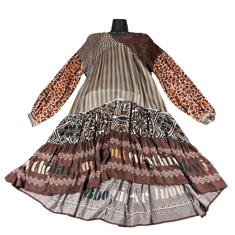 Me369 Eden Layered Chocolate Dress Mixed Print Boho Midi XS Boho Flowy